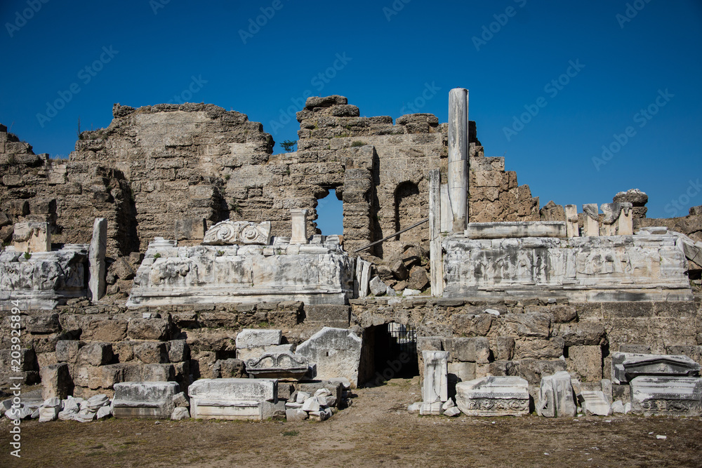 Ancient Greek city. Side, Turkey. Remnants of the past. Antique theater.Active holidays in warm countries. Ruins of the old theatre. Antalya Province. Pamphylia.