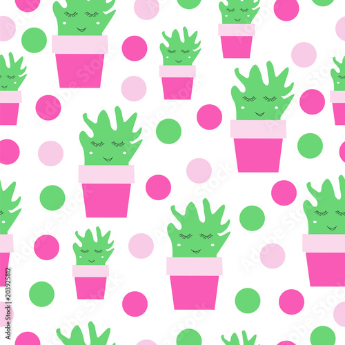 seamless pattern with smiling cactus vector and polka dots