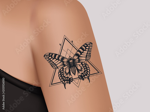 Tattoo on female shoulder. Mystic butterfly tattoo. Template of banner for tattoo parlor