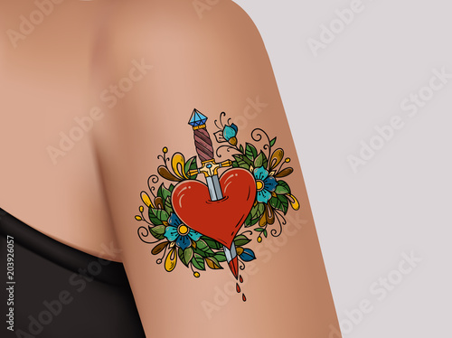 Tattoo on shoulder. Broken heart. Heart pierced with dagger. Symbol of betrayal. Template of banner for tattoo parlor