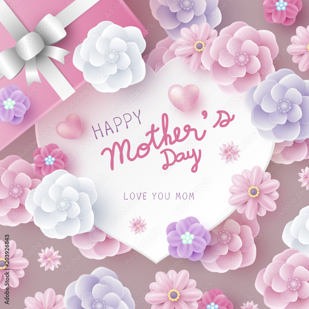 Mother's day card concept design of paper hearts shape and flowers vector illustration
