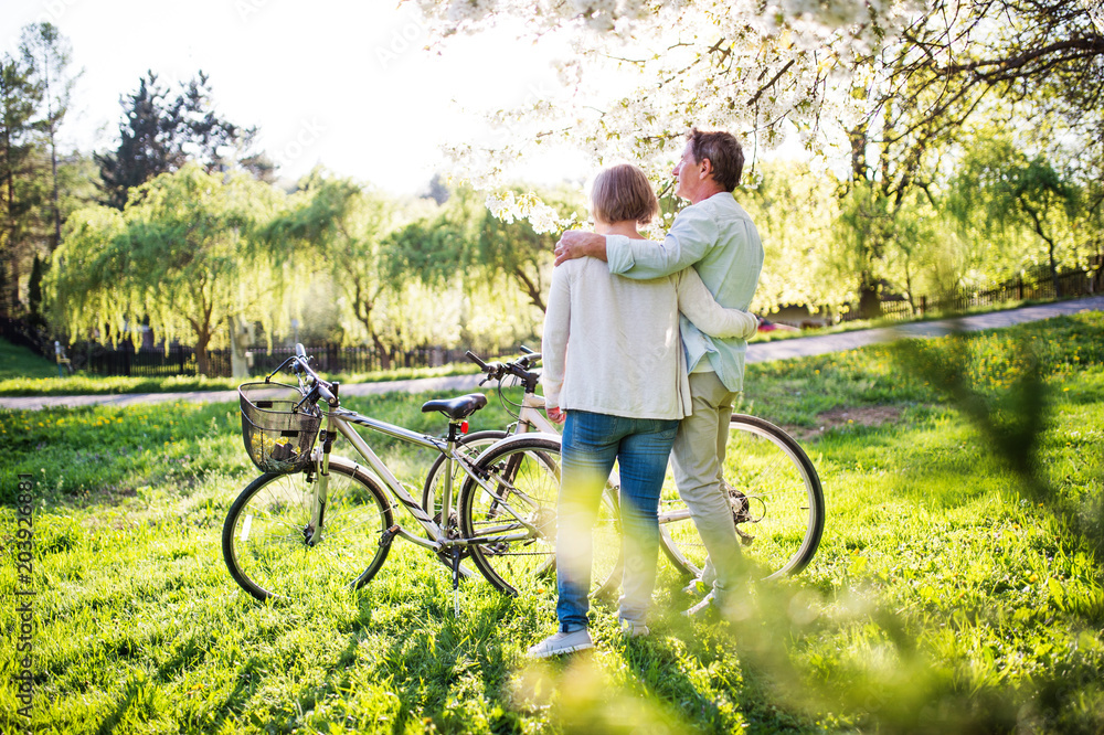 Obraz premium Beautiful senior couple with bicycles outside in spring nature.