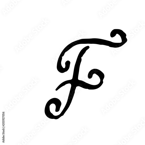 Letter F. Handwritten by dry brush. Rough strokes textured font. Vector illustration. Grunge style alphabet.