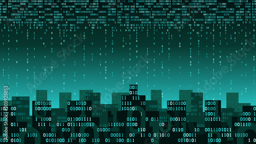 Abstract smart city with the artificial intelligence and internet of things, city connected to cloud storage, binary data stream, big data, futuristic network digital technology concept
