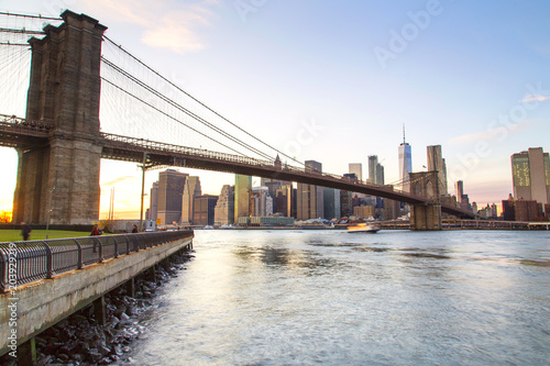 New York, Lower Manhattan skyline with Brooklyn Bridge