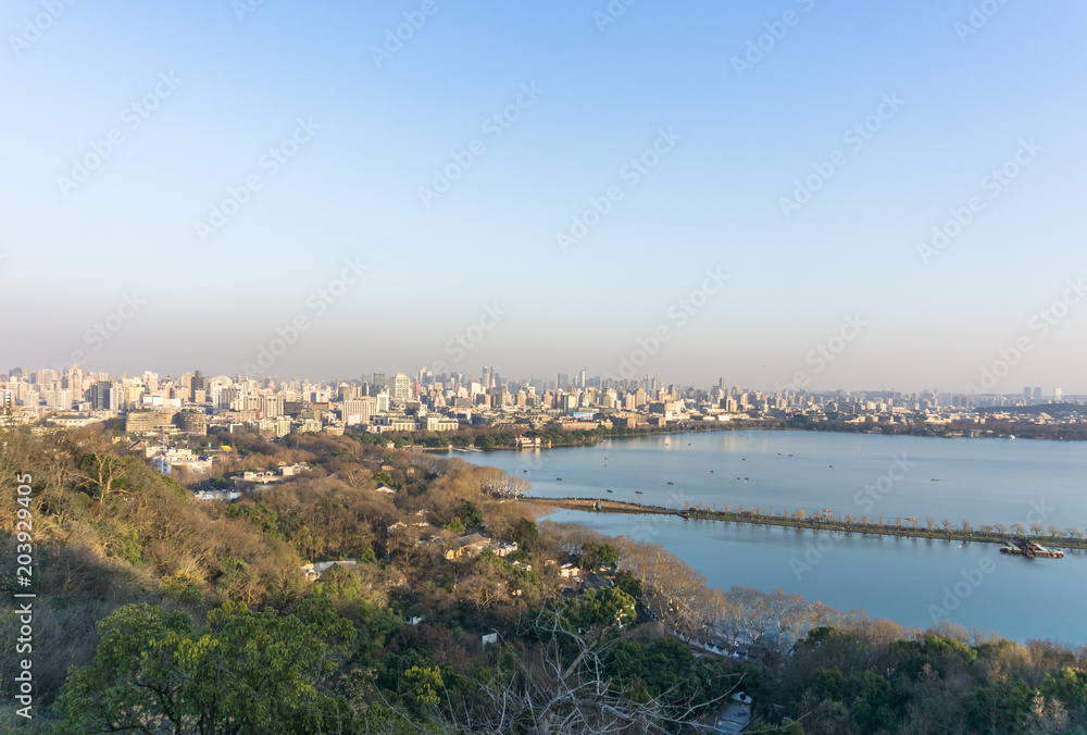 panoramic city skylin in hangzhou west lake