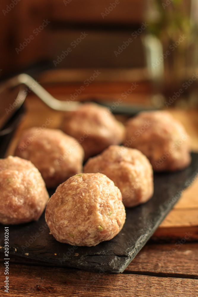 meat balls - healthy food (raw stocking of aunt)  Food background
