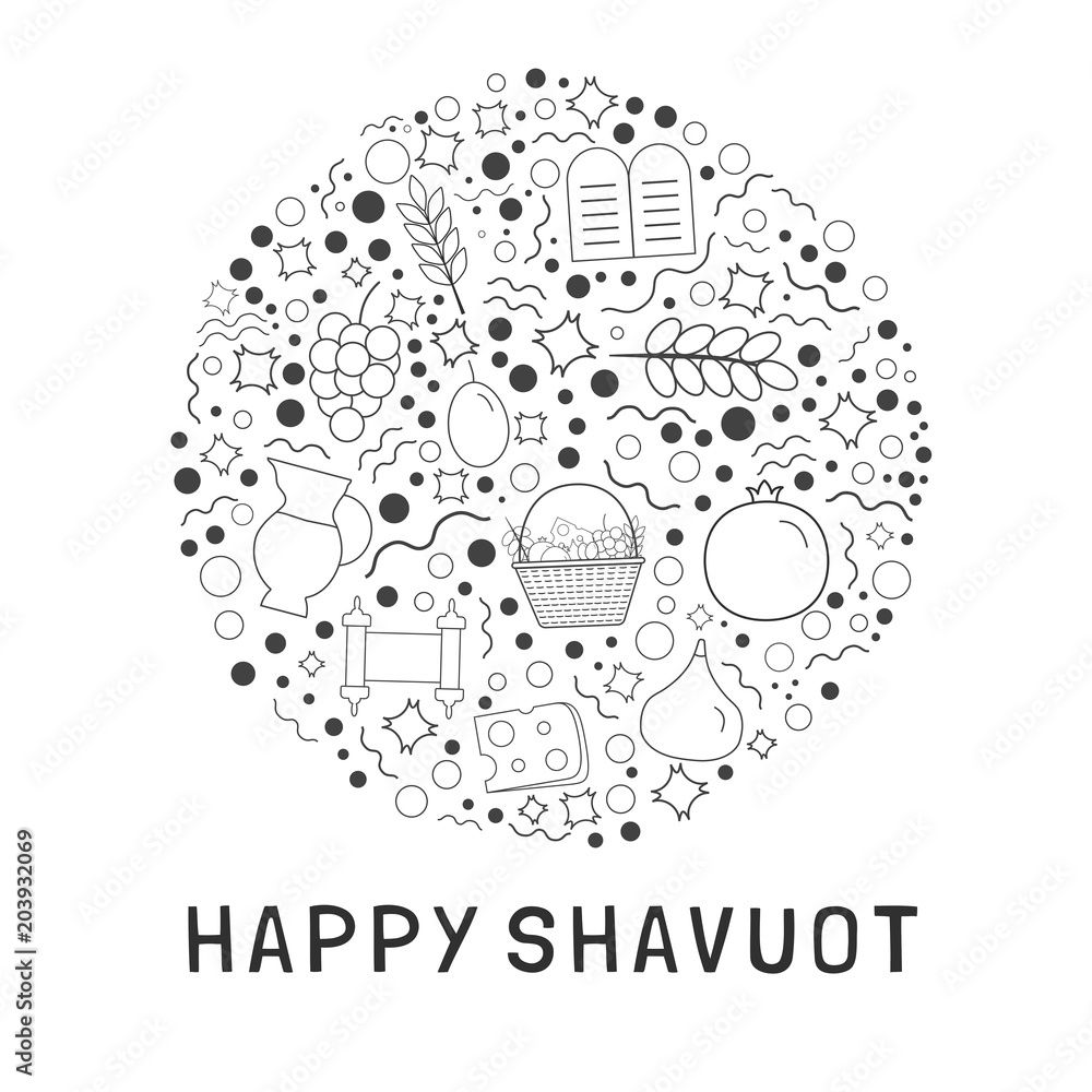 Shavuot holiday flat design black thin line icons set in round shape with text in english Shavuot holiday flat design black thin line icons set in round shape with text in english