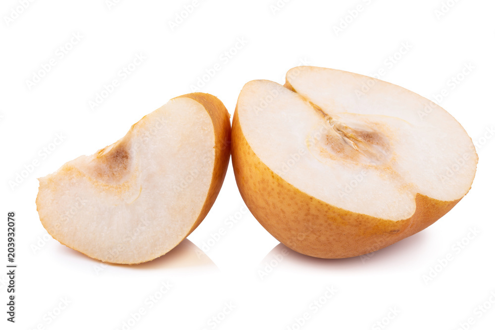 Half and sliced of chinese pear isolated on white background