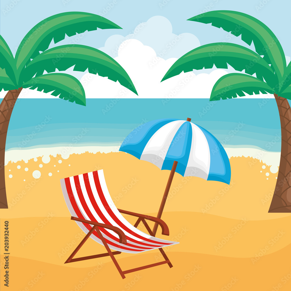 summer vacations design with beach landscape with tropical palms and beach seat, colorful design. vector illustration