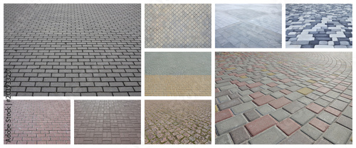Fotografie A collage of many pictures with fragments of paving tiles close-up