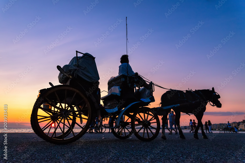 horse carriage ride at sunset