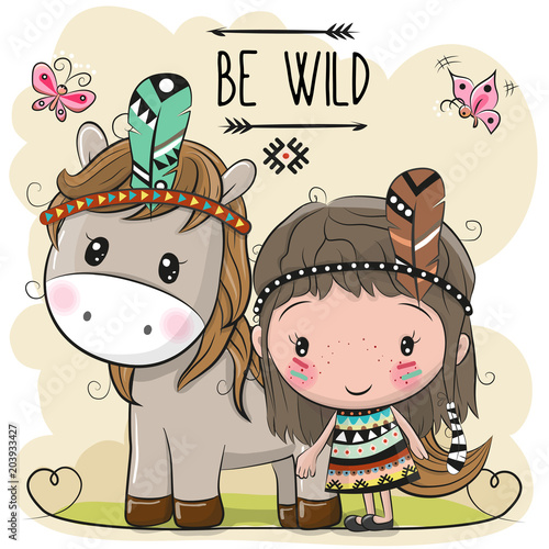 Cute Cartoon tribal girl and Horse with feather