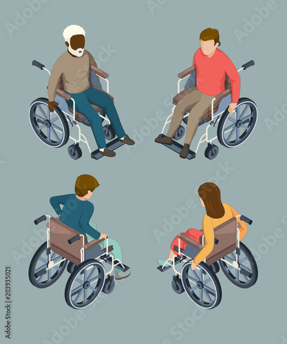 Disabled male and female people setting in wheelchairs. Isolated isometric vector illustrations