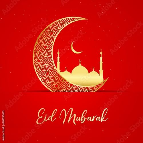 Eid Mubarak greeting background with golden islamic crescent moon and mosque