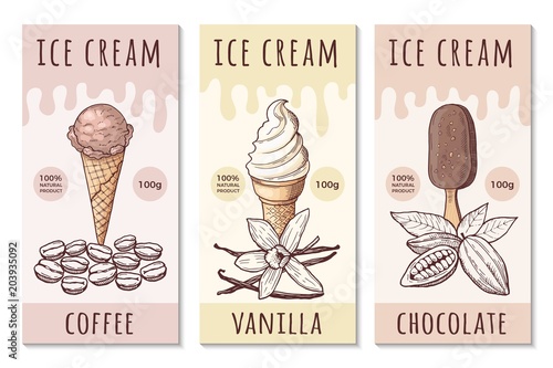 Design template of ice cream labels with hand drawn illustrations
