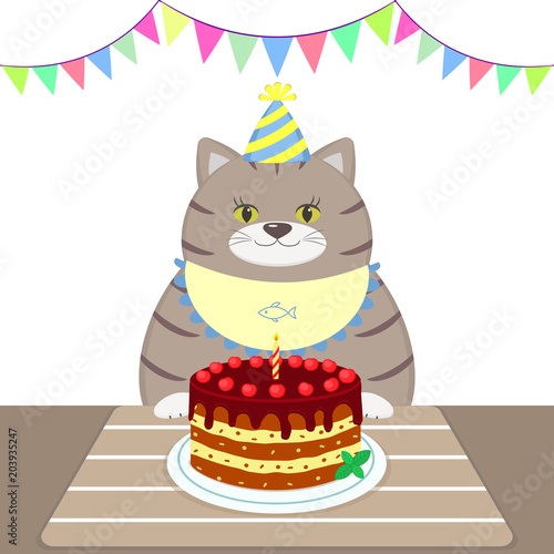 A gray fat cat in an apron and cap is sitting at the table and eating cake. Happy birthday. Cartoon flat style. Vector.