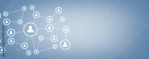 Business connection and social network on blue background.
