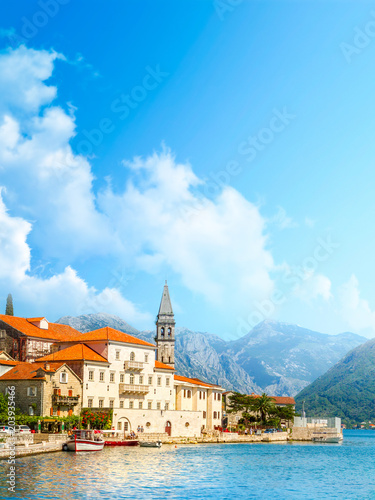 Canvas Print Harbour and boats in sunny day at Boka Kotor bay (Boka Kotorska), Montenegro, Eu