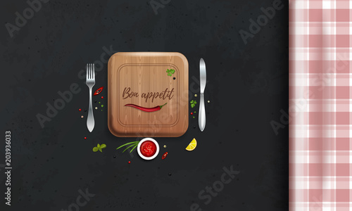 Table with a checkered tablecloth. Kitchen table. Table setting. Top view. Bon appetit lettering. Vector illustration