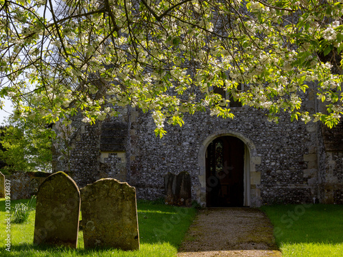 Blossom church graveyard scene