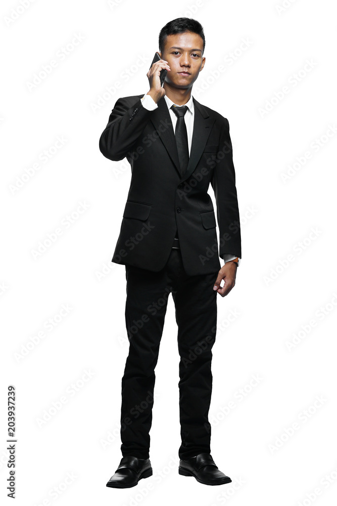 Full Body Young Asian Businessman Calling with Smartphone Isolated White Background Full Body Young Asian Businessman Calling with Smartphone Isolated White Background