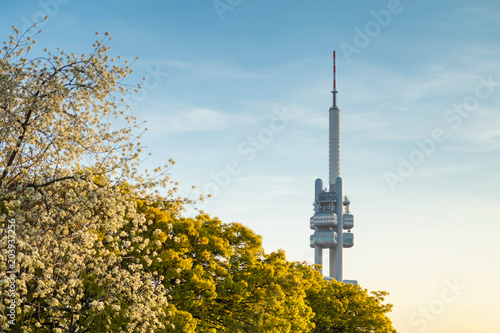 Spring view of famous Zizkov TV tower from Parukarka park, Prague, Czechia photo