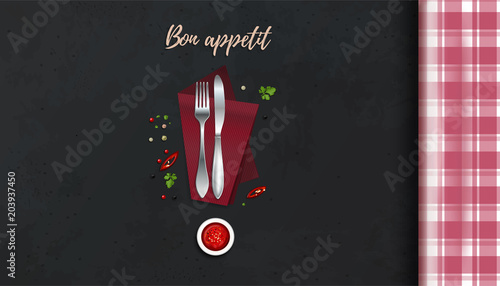 Knife and fork on the kitchen table. Bon appetit. Cook table concept design. Table with a checkered tablecloth. Vector illustration