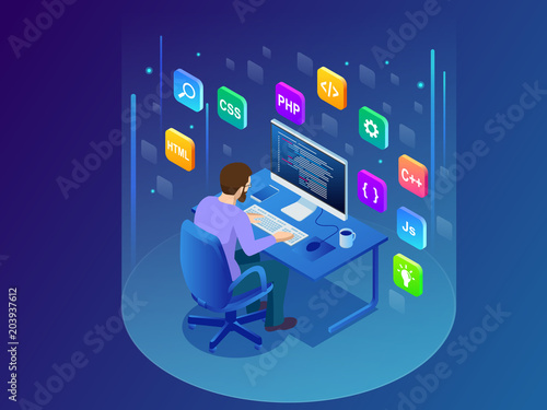 Isometric Developing programming and coding technologies. Young programmer coding a new project using computer. Man sitting on the big laptop and working.