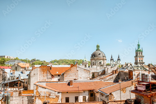 Cityscape view on the old town of Lviv city, Ukraine