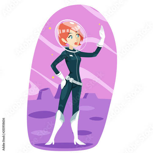Retro future poster cartoon vintage space girl cosmonaut planet background design vector illustration