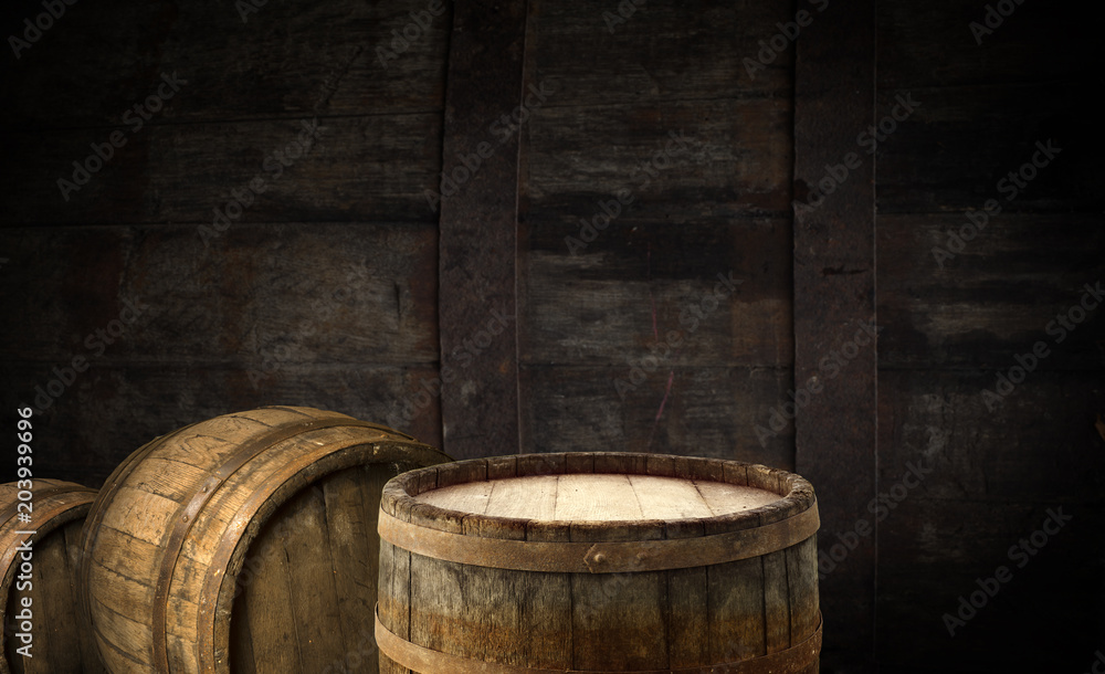 background of barrel and worn old table of wood background of barrel and worn old table of wood