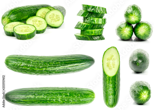 Collection of fresh green cucumbers isolated on white