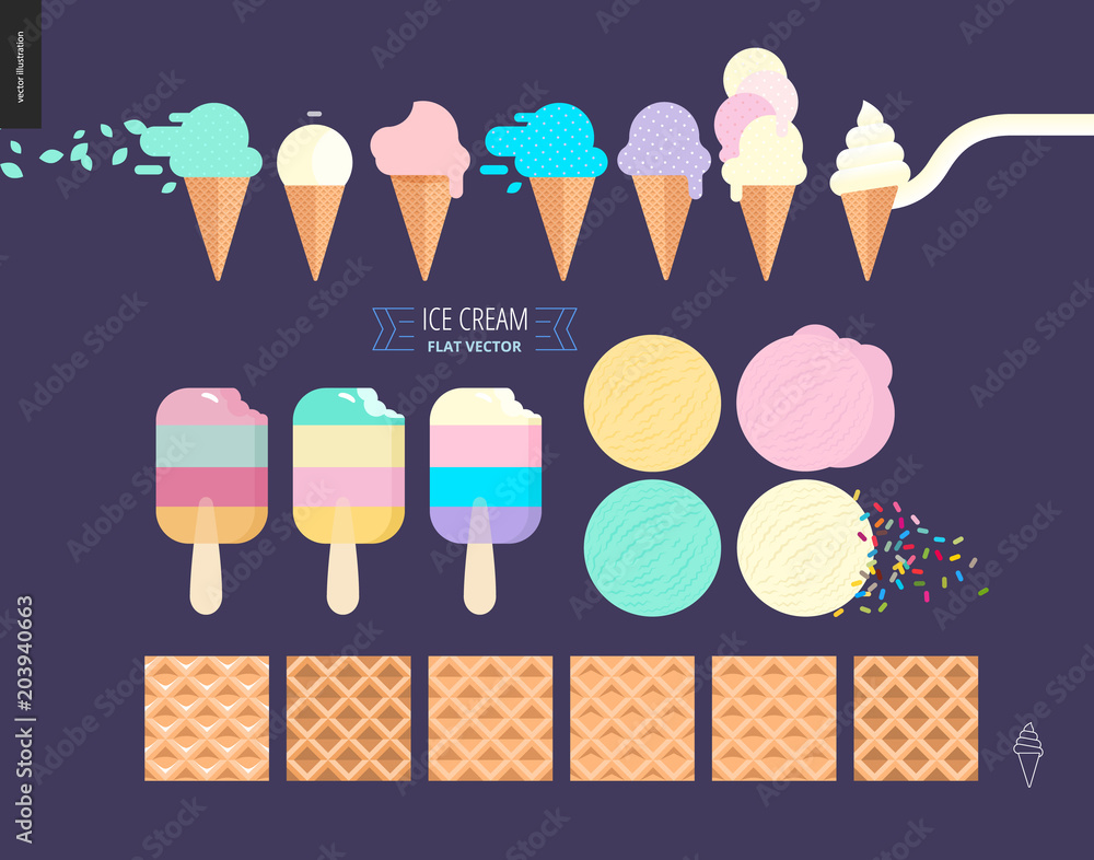 Ice cream scoops in waffle cones set - flat cartoon vector illustration ...