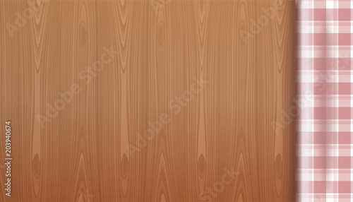 Checkered tablecloth on a wood background. Top view of a wooden table. Wooden table with red picnic tablecloth and copyspace. Realistic vector illustration