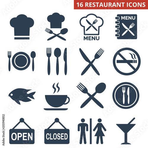 Restaurant icons set on white background.