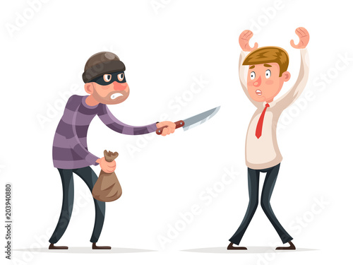 Robbery thief robber burglar steal money bag helpless scared businessman guy man character isolated Icon cartoon design vector illustration
