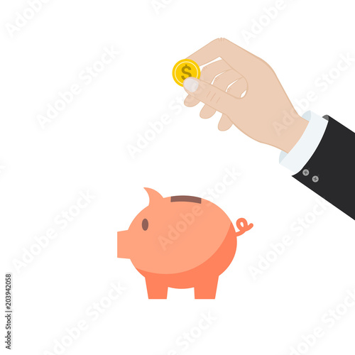 Piggy bank with coin vector illustration. Icon saving or accumulation of money, investment. Icon piggy bank in a flat style, isolated from the background. The concept of banking or business services.