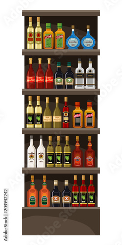 Shelves with alcohol. Drinks