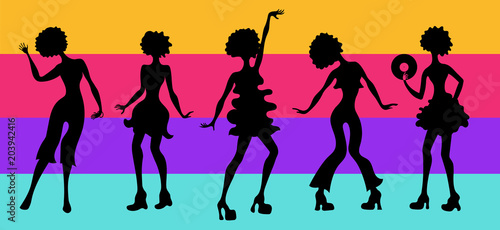 Soul Party Time. Dancers of soul silhouette funk or disco.People in 1980s, eighties style clothes dancing disco, cartoon vector illustration on striped background. Retro woman in 80s style clothing