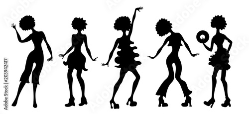 Soul Party Time. Dancers of soul silhouette funk or disco.People in 1980s, eighties style clothes dancing disco, cartoon vector illustration. Retro woman in 80s style clothing and hairstyle