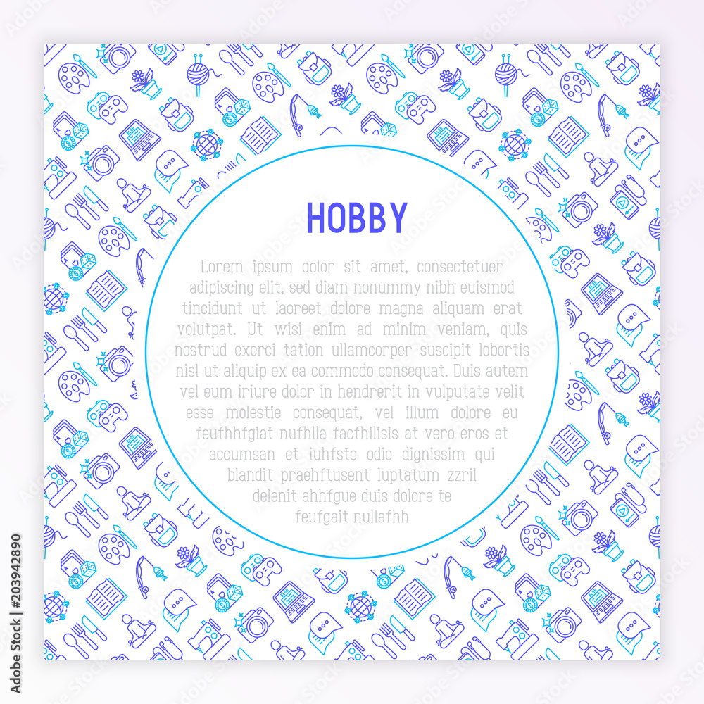 Hobby concept with thin line icons: reading, gaming, gardening, photography, cooking, sewing, fishing, hiking, yoga, music, travelling, blogging, knitting. Vector illustration, print media template. Hobby concept with thin line icons: reading, gaming, gardening, photography, cooking, sewing, fishing, hiking, yoga, music, travelling, blogging, knitting. Vector illustration, print media template.