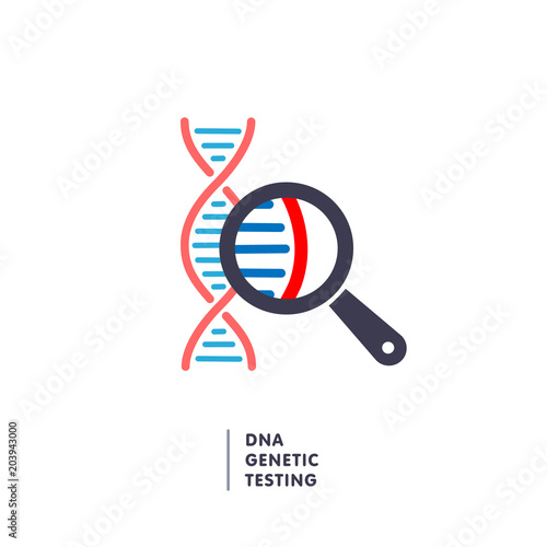 DNA, genetics research. dna chain in magnifying glass sign. genetic engineering, cloning, paternity testing, DNA analysis.