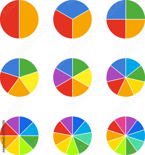 Circle segments set. Geometry circular segment symbols, bright sectors in a round shape. Vector flat style cartoon illustration isolated on white background