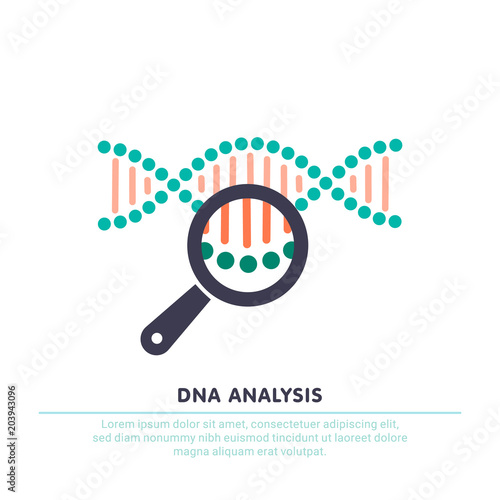 DNA analysis, genetics testing. dna chain in magnifying glass sign. genetic engineering, cloning, paternity testing.