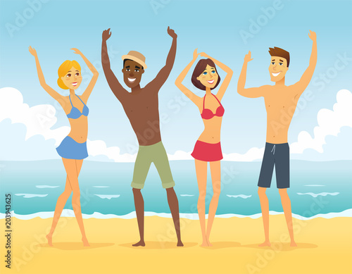 Happy friends on the beach - cartoon people character illustration