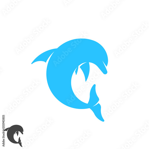 Dolphin logo round shape jumping marine animal above waves. Spa, sport, resort, tourism, travel, diving club identity emblem. Letter C form symbol.