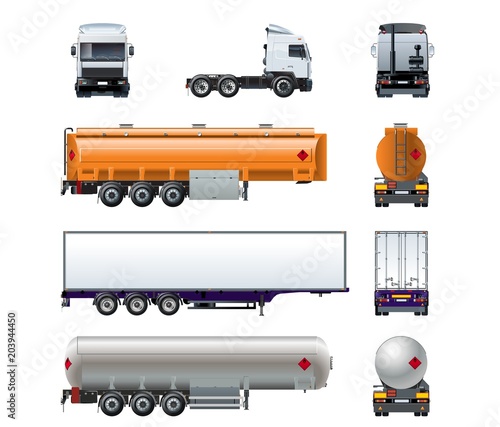 Vector realistic semi truck mockup set isolated on white