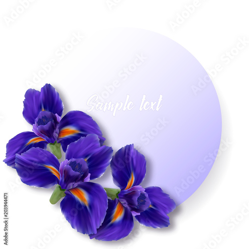 Round label or card with realistic iris flowers