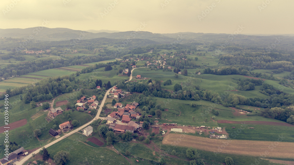 Aerial view of countryside at sunset. Aerial view of countryside at sunset.